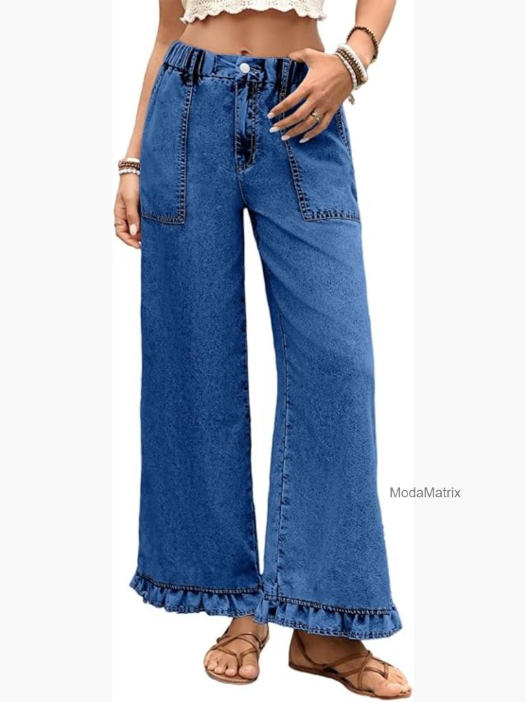High Waisted Wide Leg Jeans With Ruffle Hem Stretch Denim